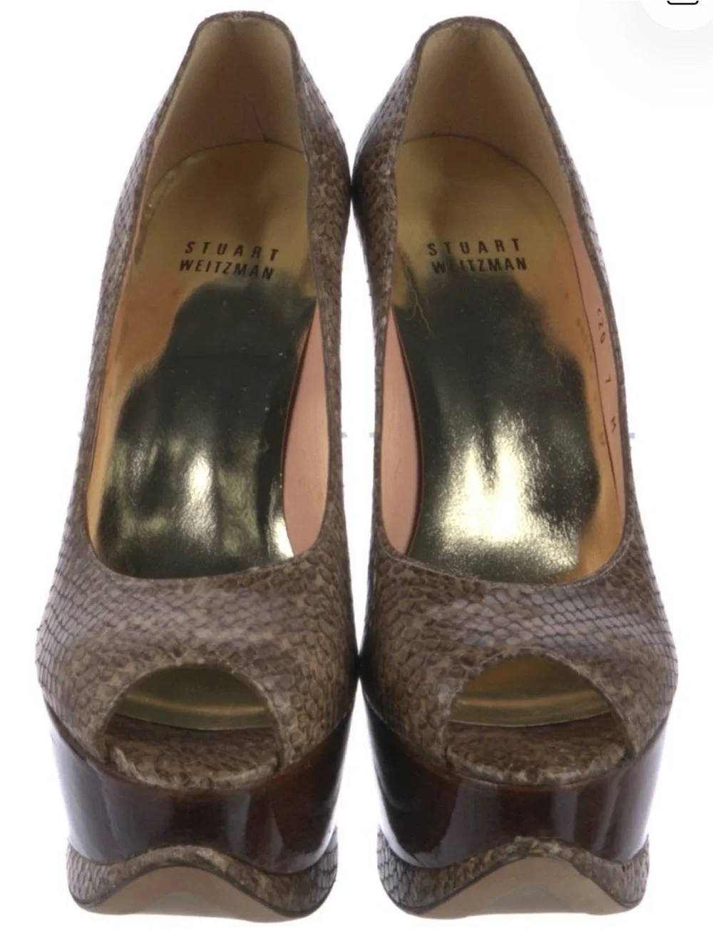 Stuart Weitzman Brown Snakeskin Peep-Toe Platform Pump with Wood Platform